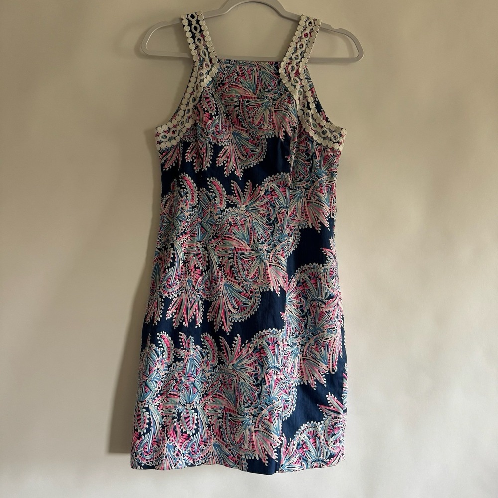 Lilly Pulitzer Makayla Stretch Shift Dress 6 Oyster Bay Blue Miss Shell Crochet - Picture 2 of 15